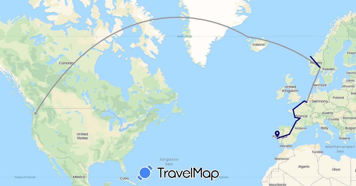 TravelMap itinerary: driving, plane in Belgium, Spain, France, Iceland, Norway, Portugal, United States (Europe, North America)